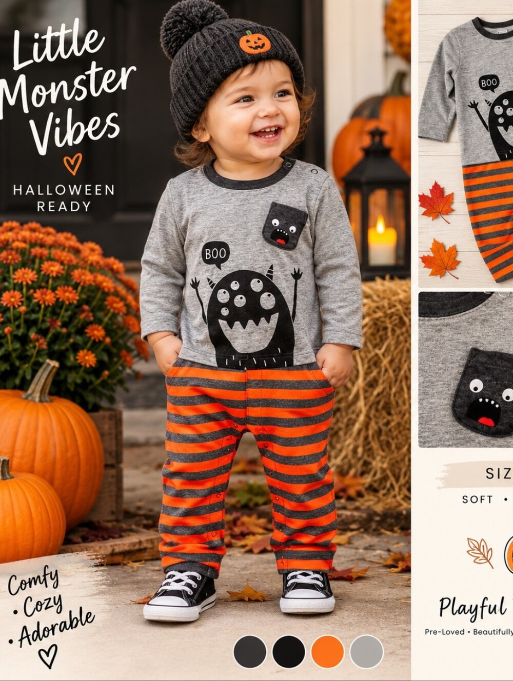 GAP Grey and Orange Monster Stripe Cotton Footie Halloween Style